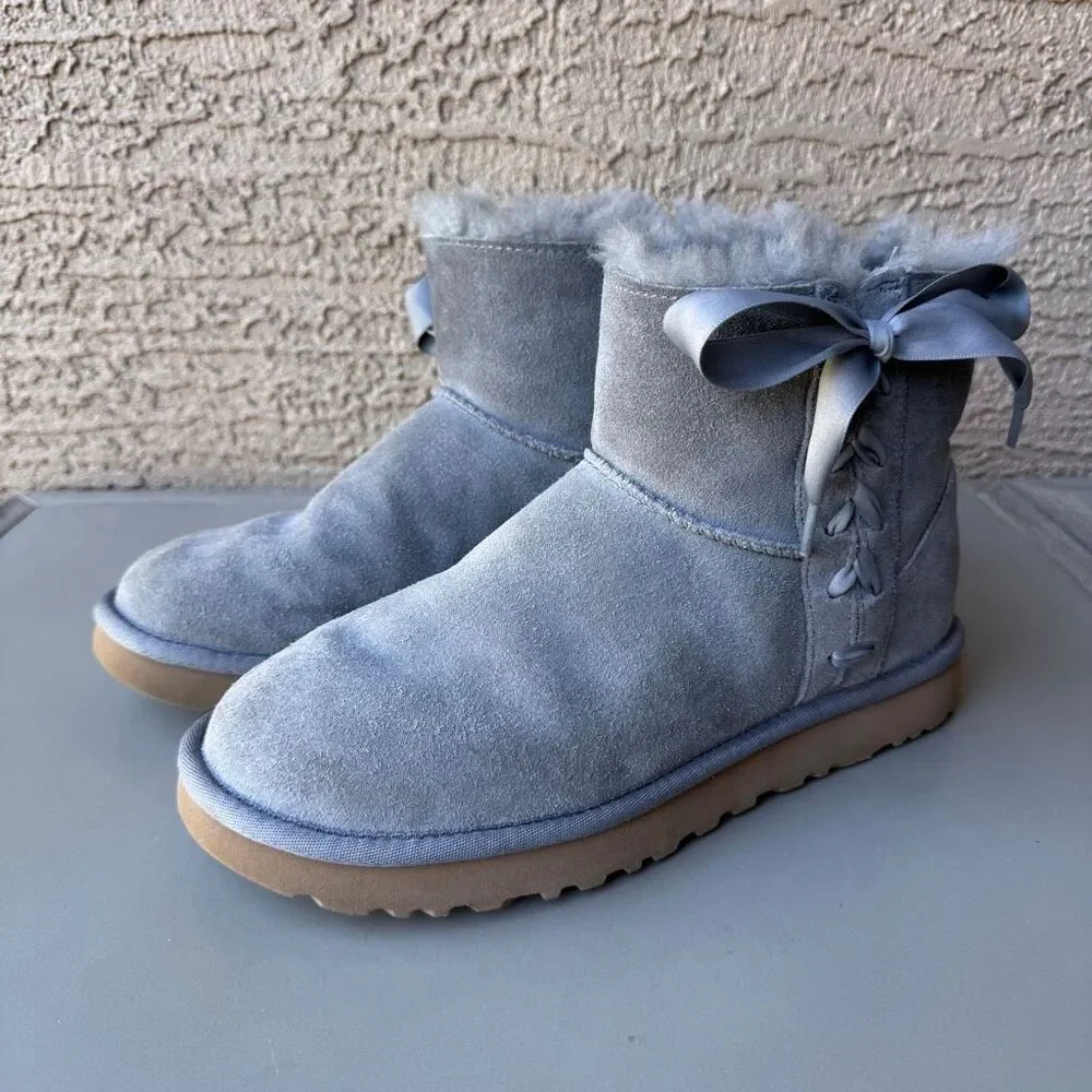 UGG Lace Mini Boots Womens 8 Gray Suede Corset Bow Classic Shearling Pull On